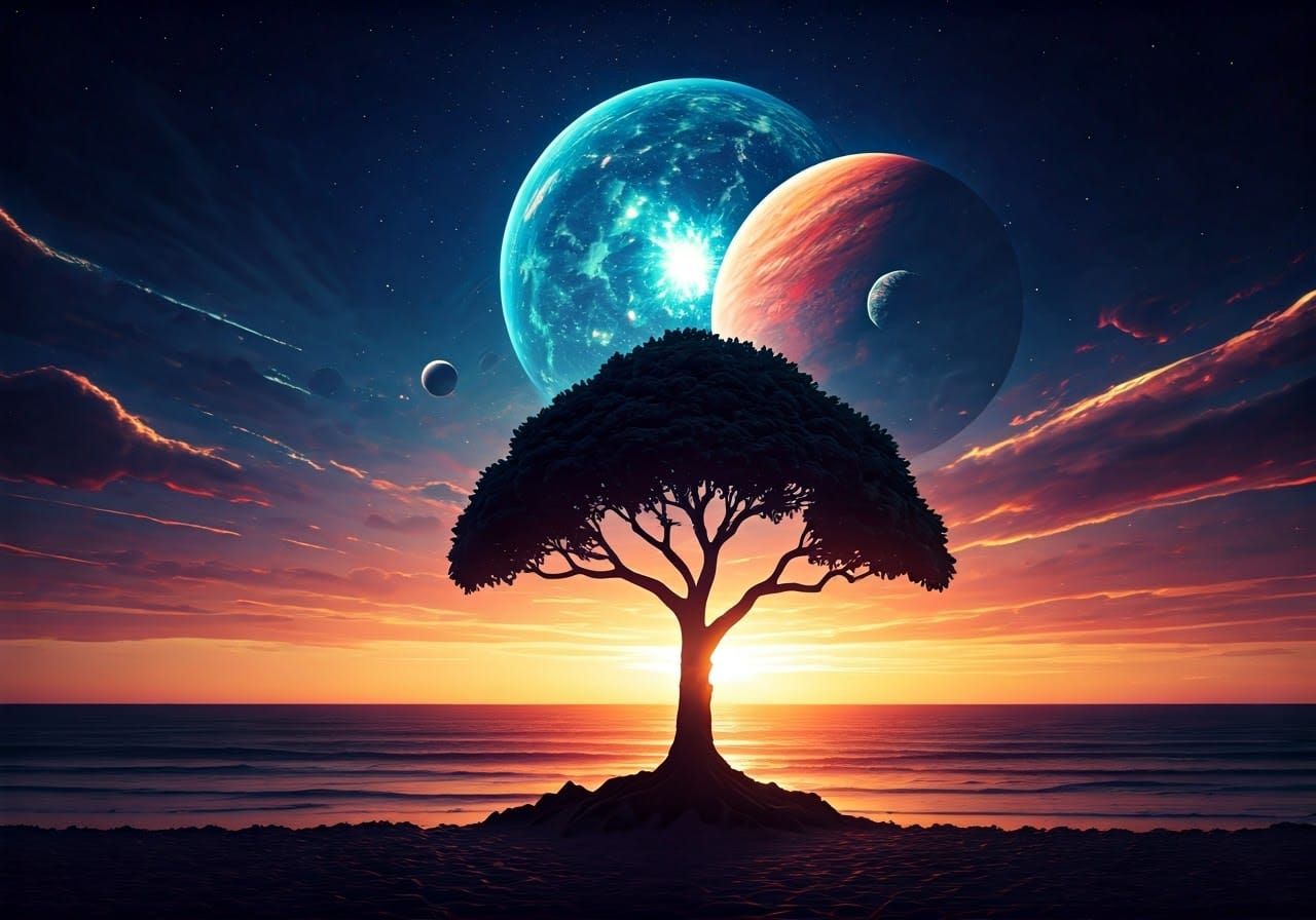 Galactic Sci-Fi Palm Tree Sunset Double Exposure