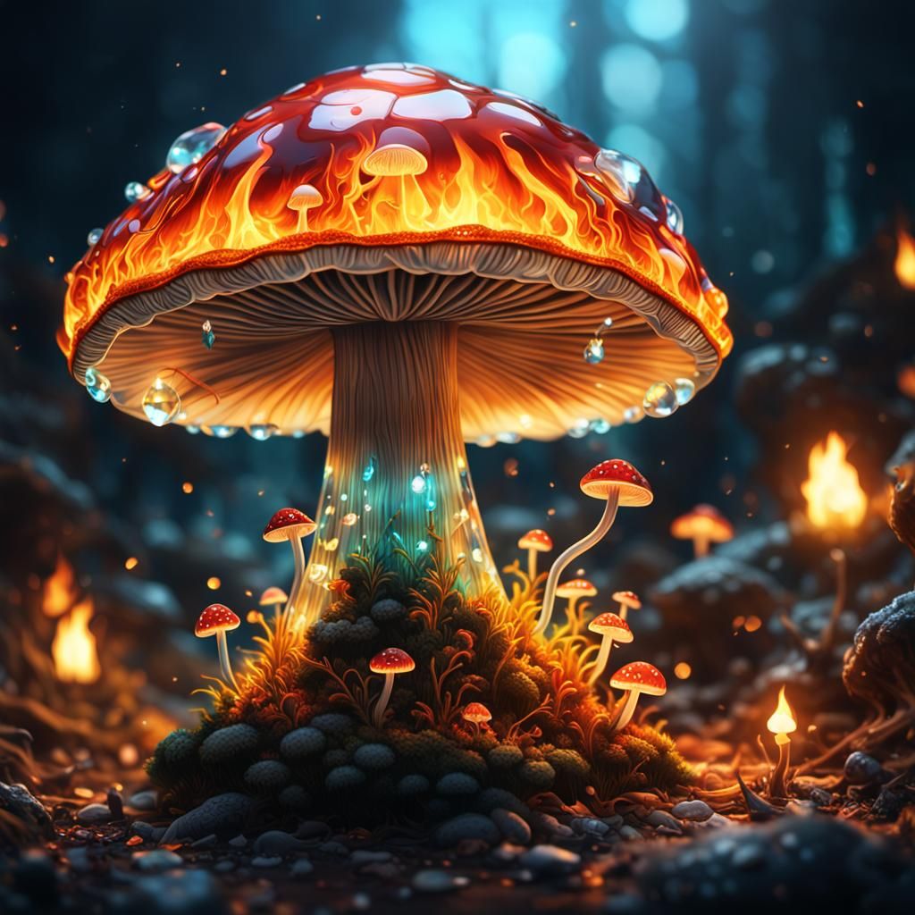 Fiery Crystal Mushroom: Hyperdetailed Digital Illustration
