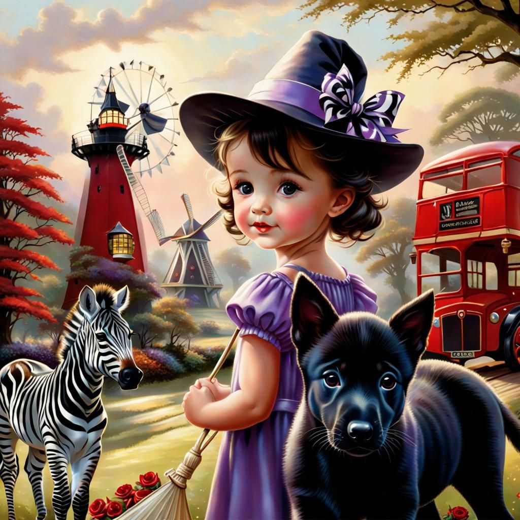 Whimsical Scene with Witch, Zebra, and Windmill