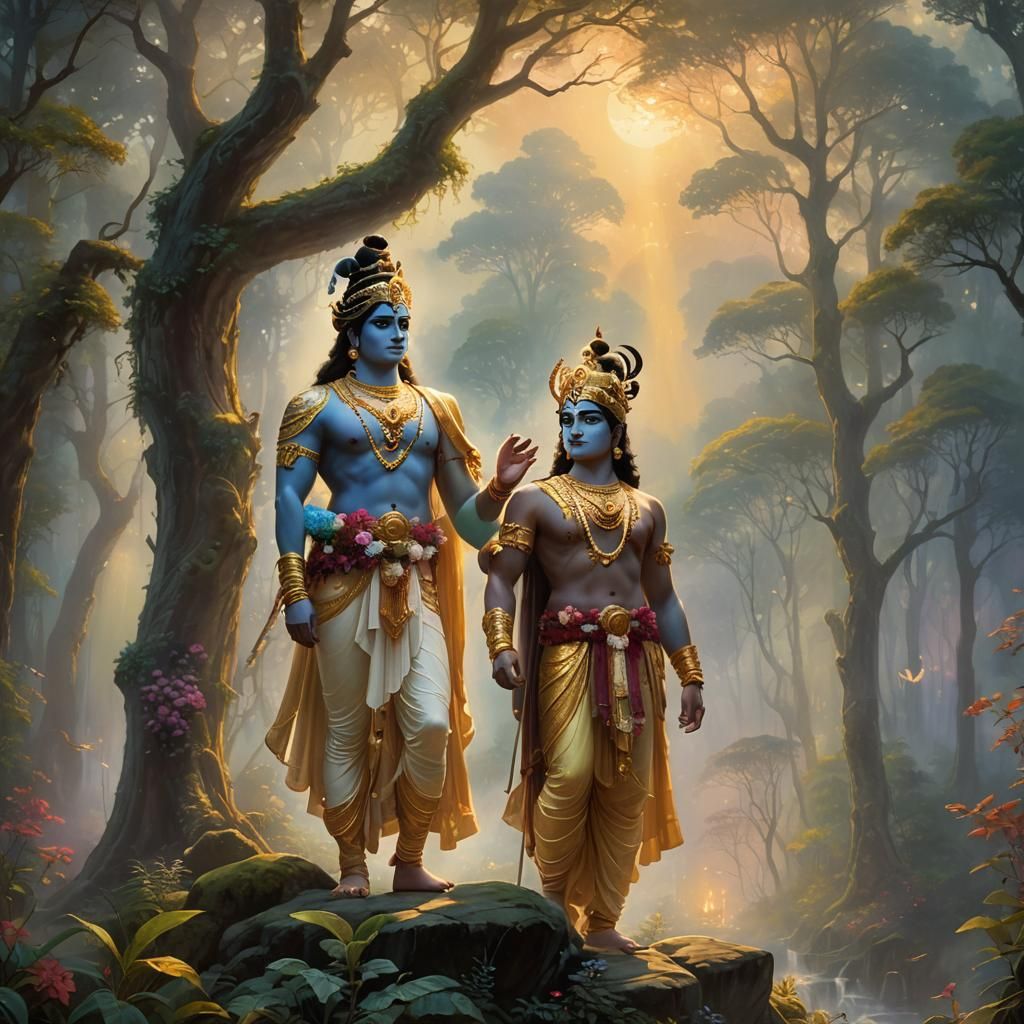 Krishna and Arjuna in Ethereal Forest, Luminism Style