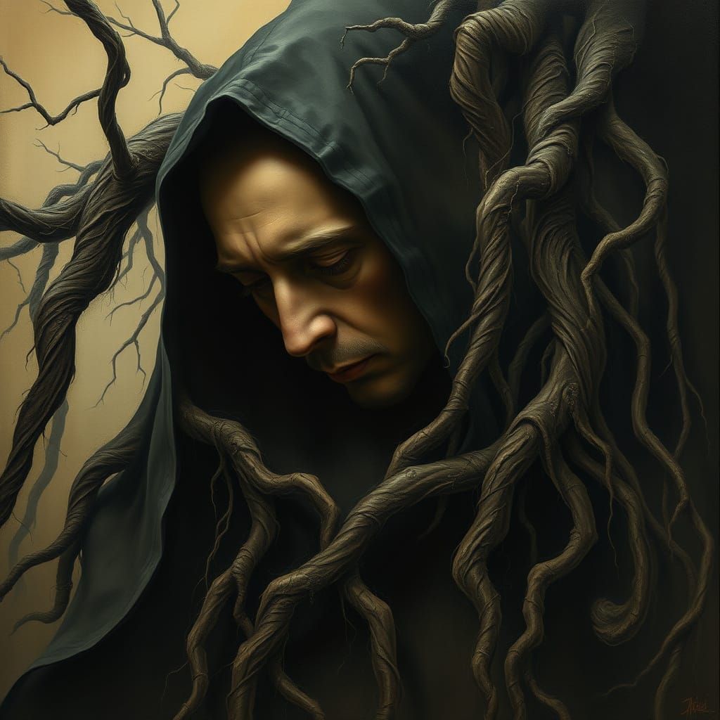 Man Lost in Thought Amidst Twisted Forest