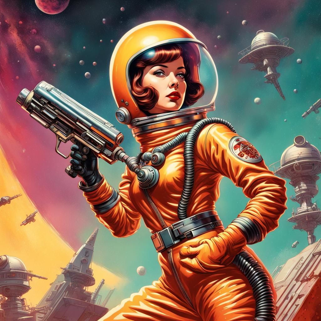 Atompunk Space Girl Movie Poster in Hyperrealistic Style