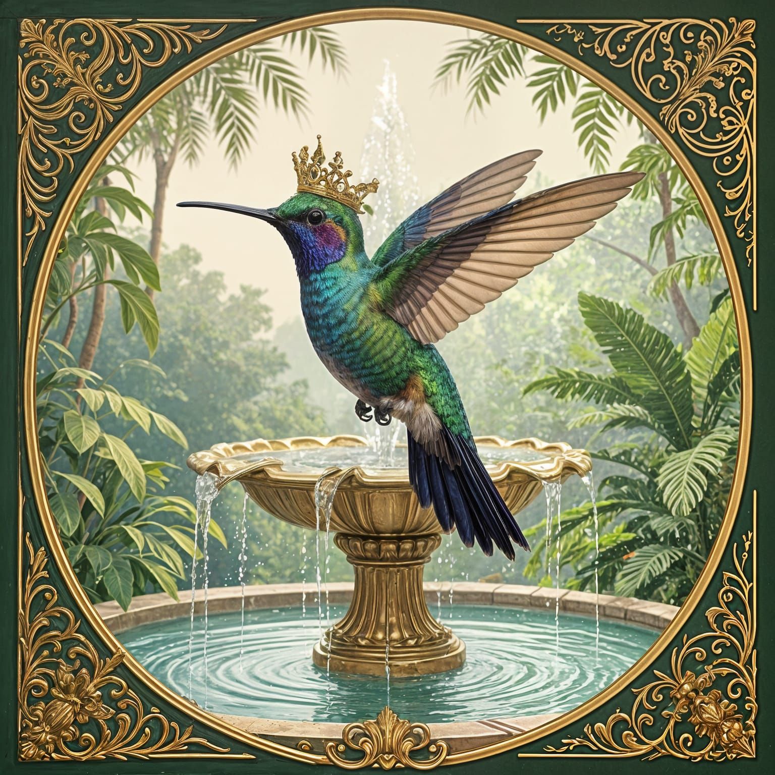 Hummingbird with Golden Crown Over Fountain