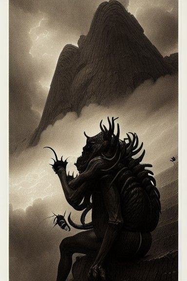 Horrific Demon Monster Portrait in Charcoal