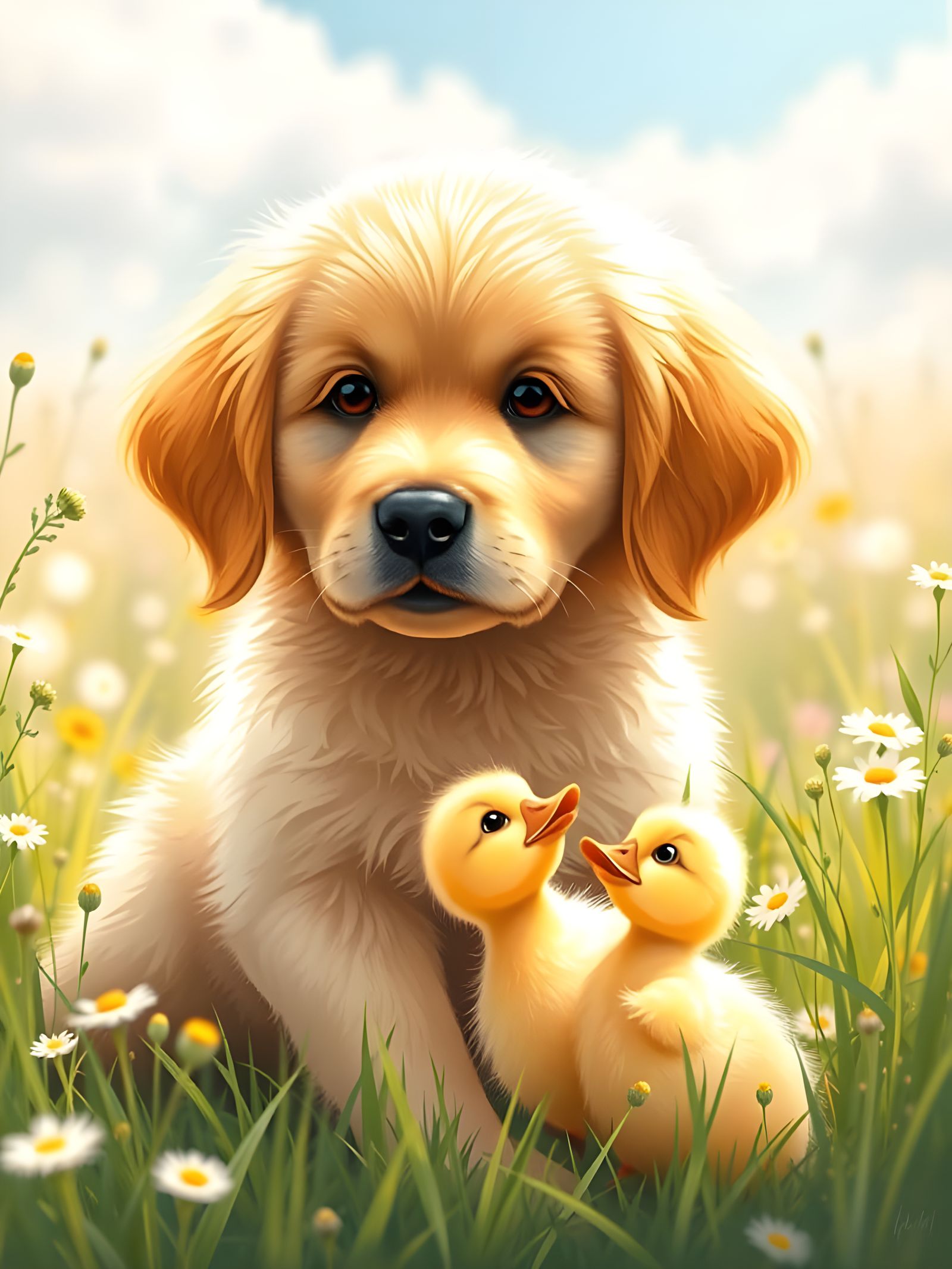 Cute Puppy and Duckling in Sunny Meadow