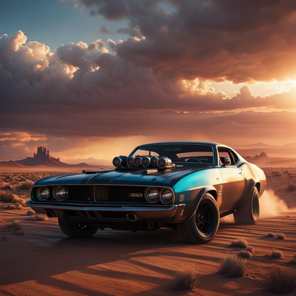 Cyberpunk Muscle Car in Desert Wasteland Sunset