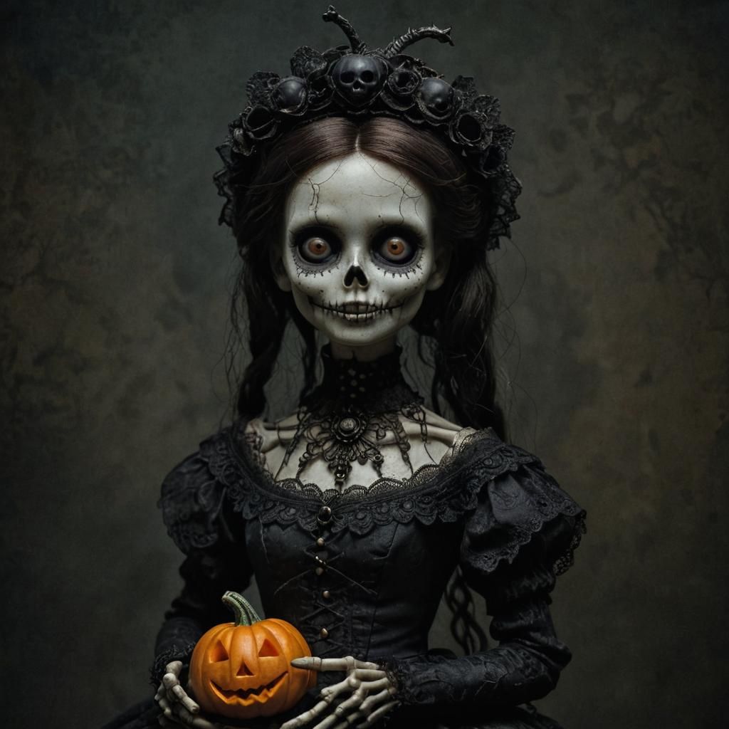 Dark Gothic Victorian Doll with Pumpkin, Close-up
