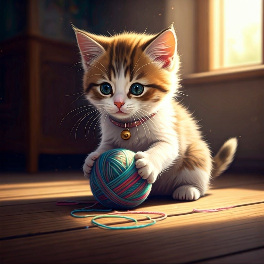 Kitten Plays with Yarn in Beatrix Potter Style