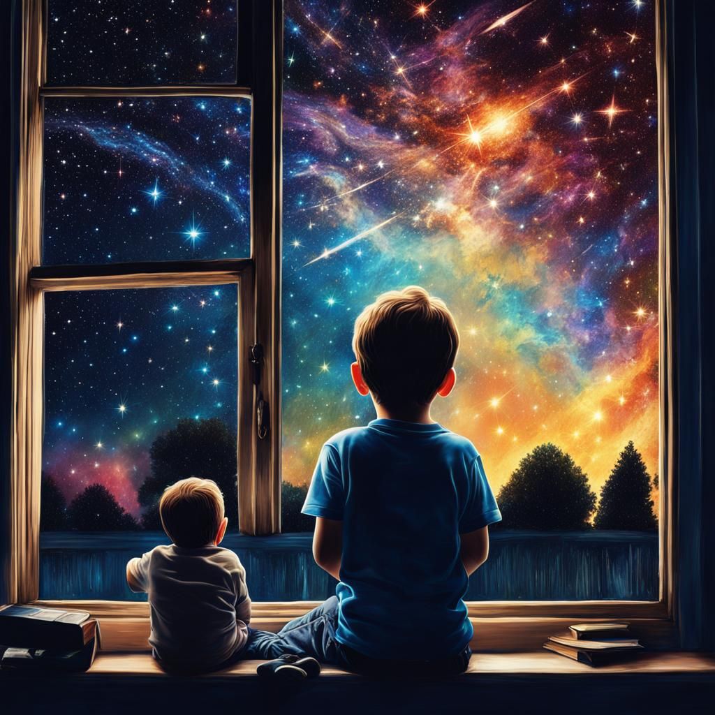 Boy Watching Shooting Stars in Bedroom Window
