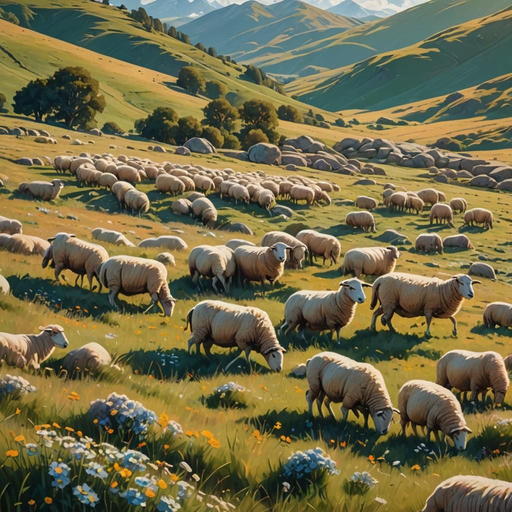 Sunlit Meadow with Sheep in Art Nouveau Style