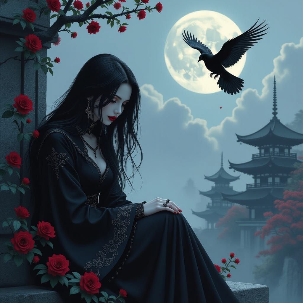 Gothic Japanese Woman in Stormy Underworld