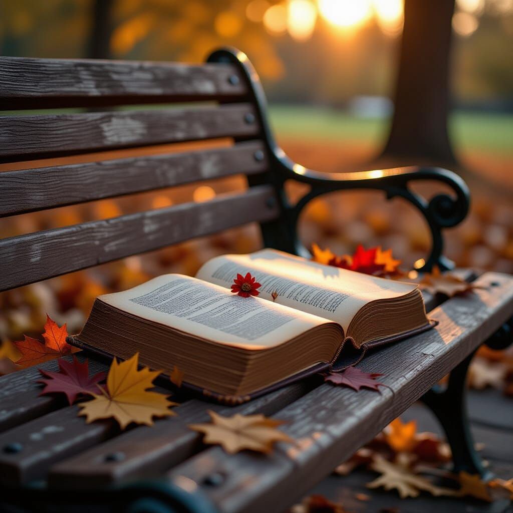 Autumn Park Bench with Old Book and Golden Hour Light