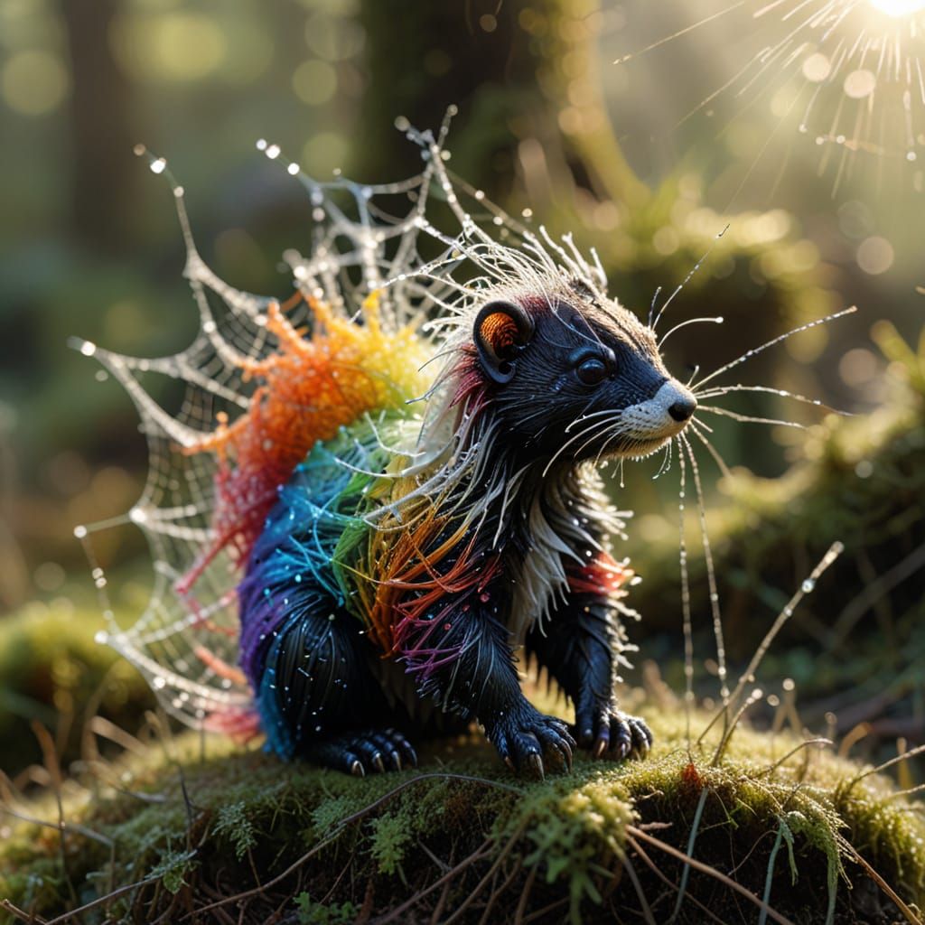 Intricate Spiderweb Skunk Sculpture in Warm Sunrise Light
