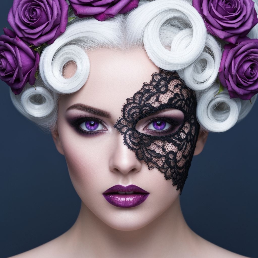 Woman in Lace Mask with Purple Roses Portrait