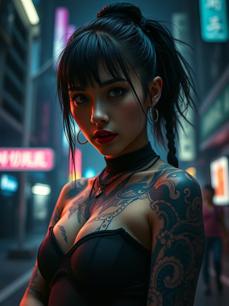 Cyberpunk Yakuza Girl with Tattoos in Gritty Portrait