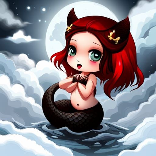 Chibi Mermaid Siren Howling at the Moon in Anime Style