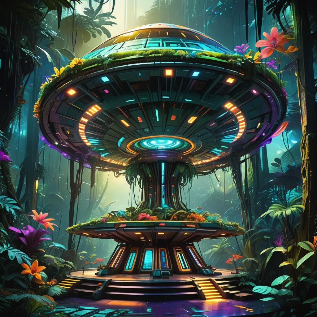 Alien UFO Base in Rainforest: Digital Illustration