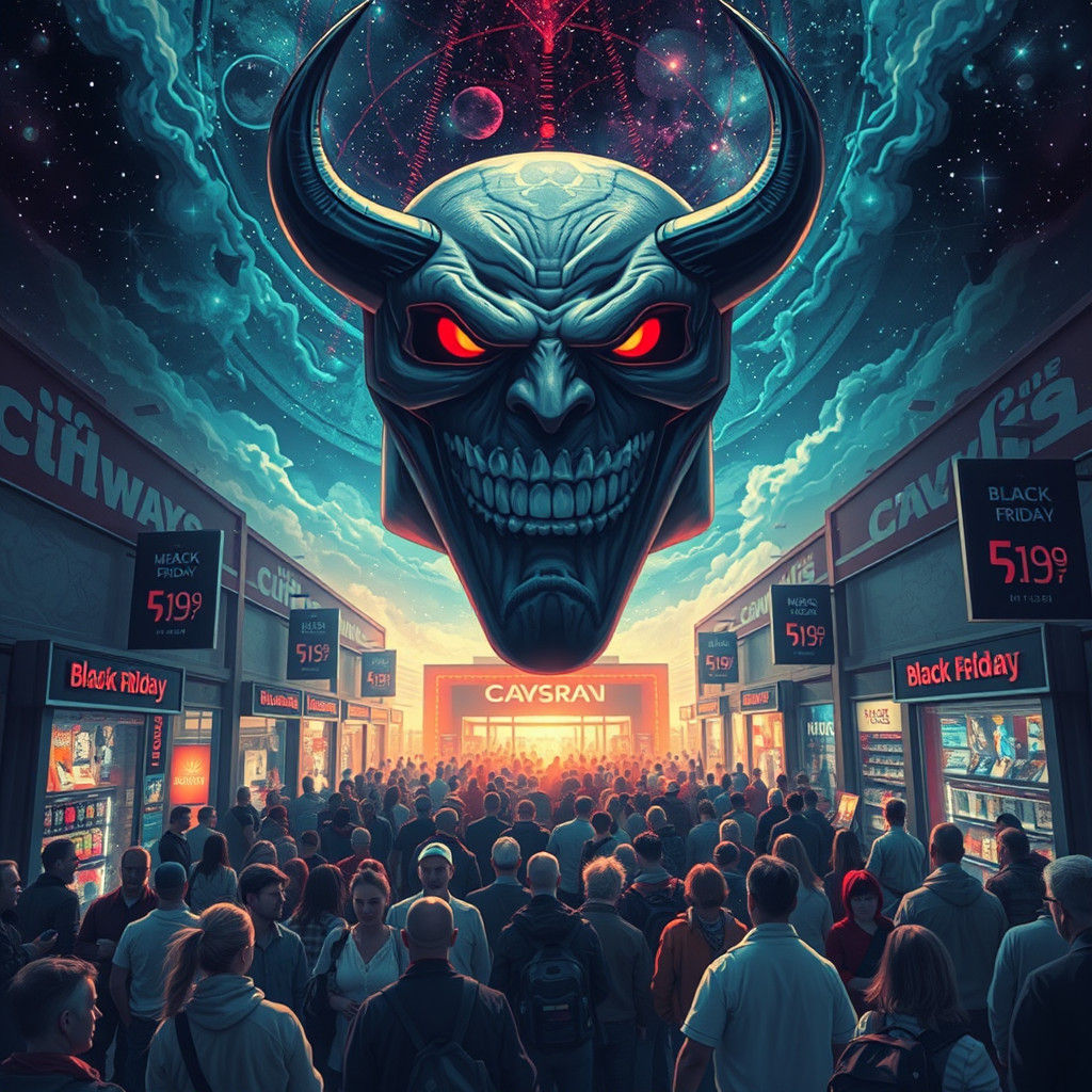 Chaotic Black Friday Crowd with Diabolical Face