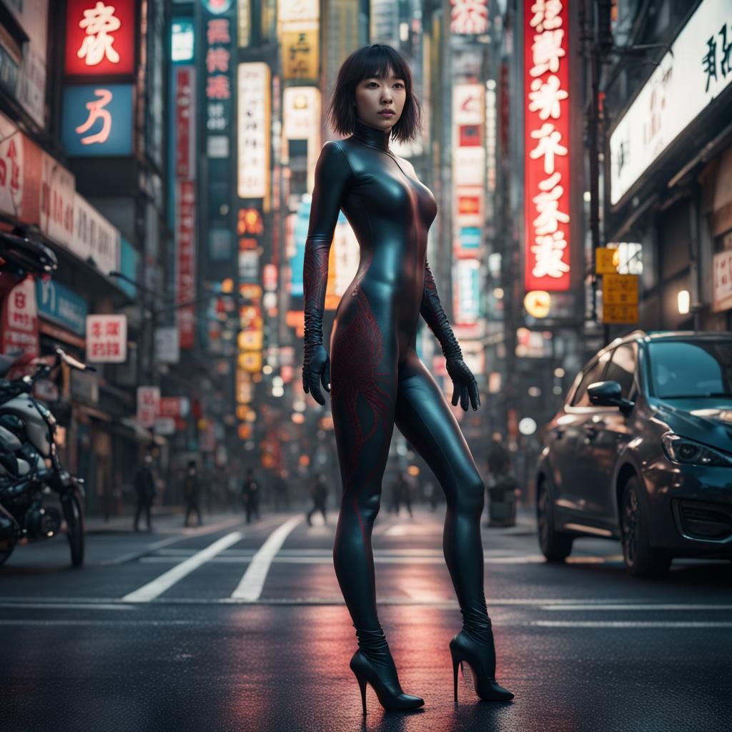 Woman in Spandex Catsuit in Tokyo: Detailed Digital Art