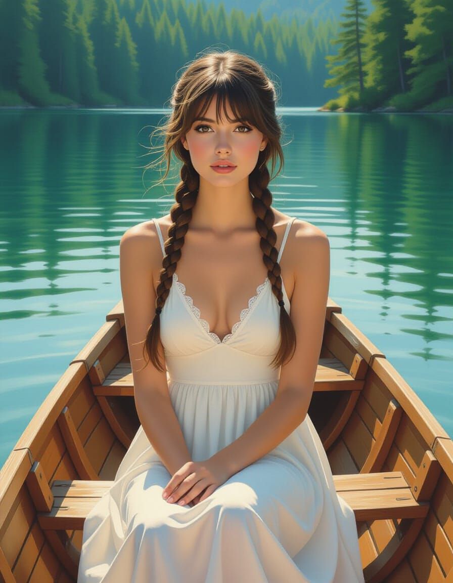 Woman in Rowboat on Lake: Impressionistic Portrait