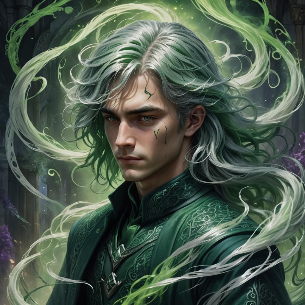 Intense Slytherin Boy with Green Hair, Digital Art