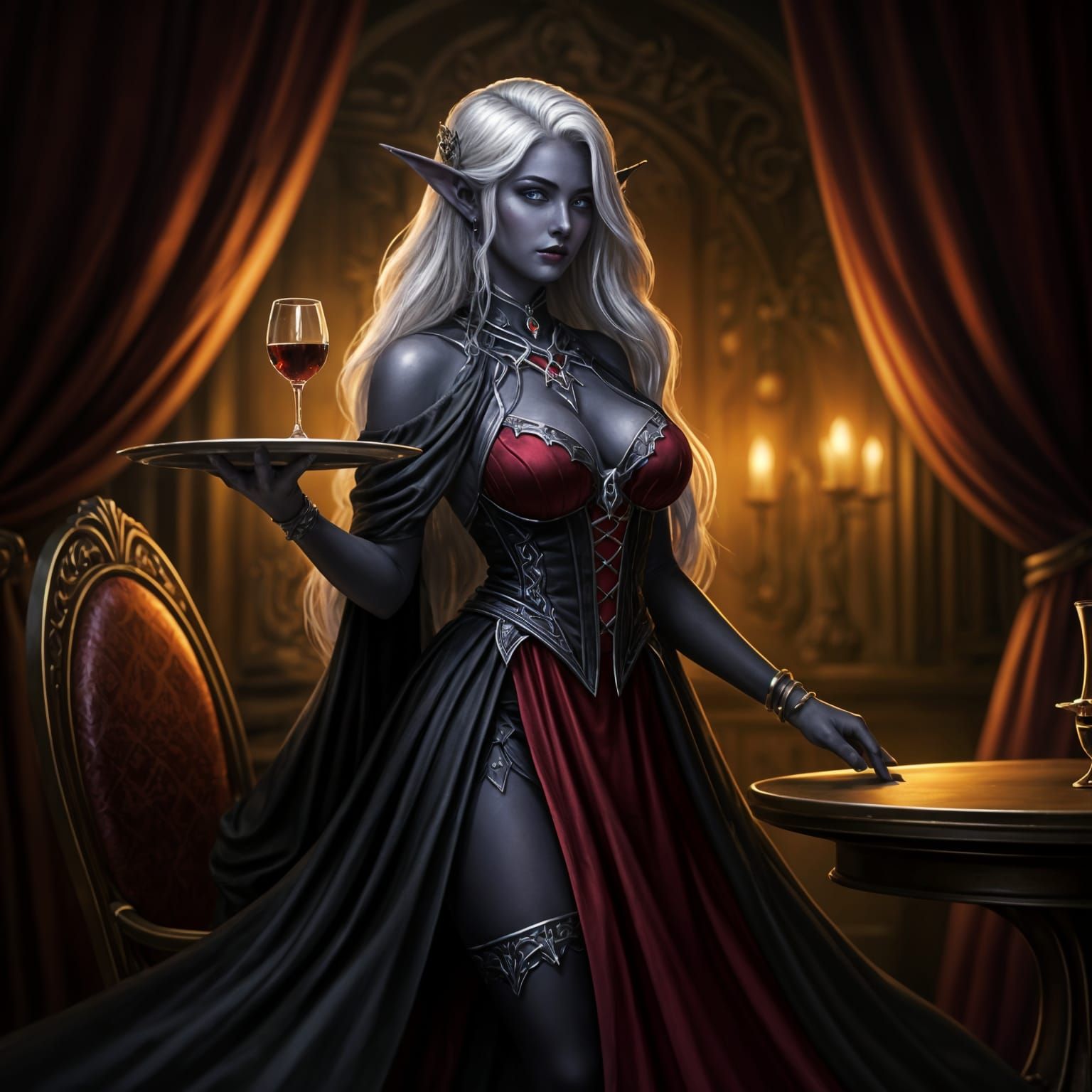 Dark Elf Waitress in Elegant Fantasy Tavern