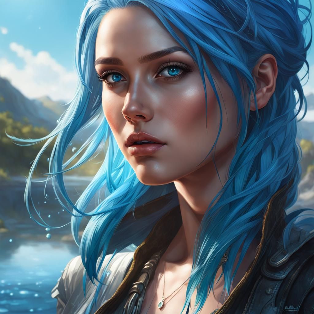 Blue-Haired Water Girl Portrait in Art Nouveau Style