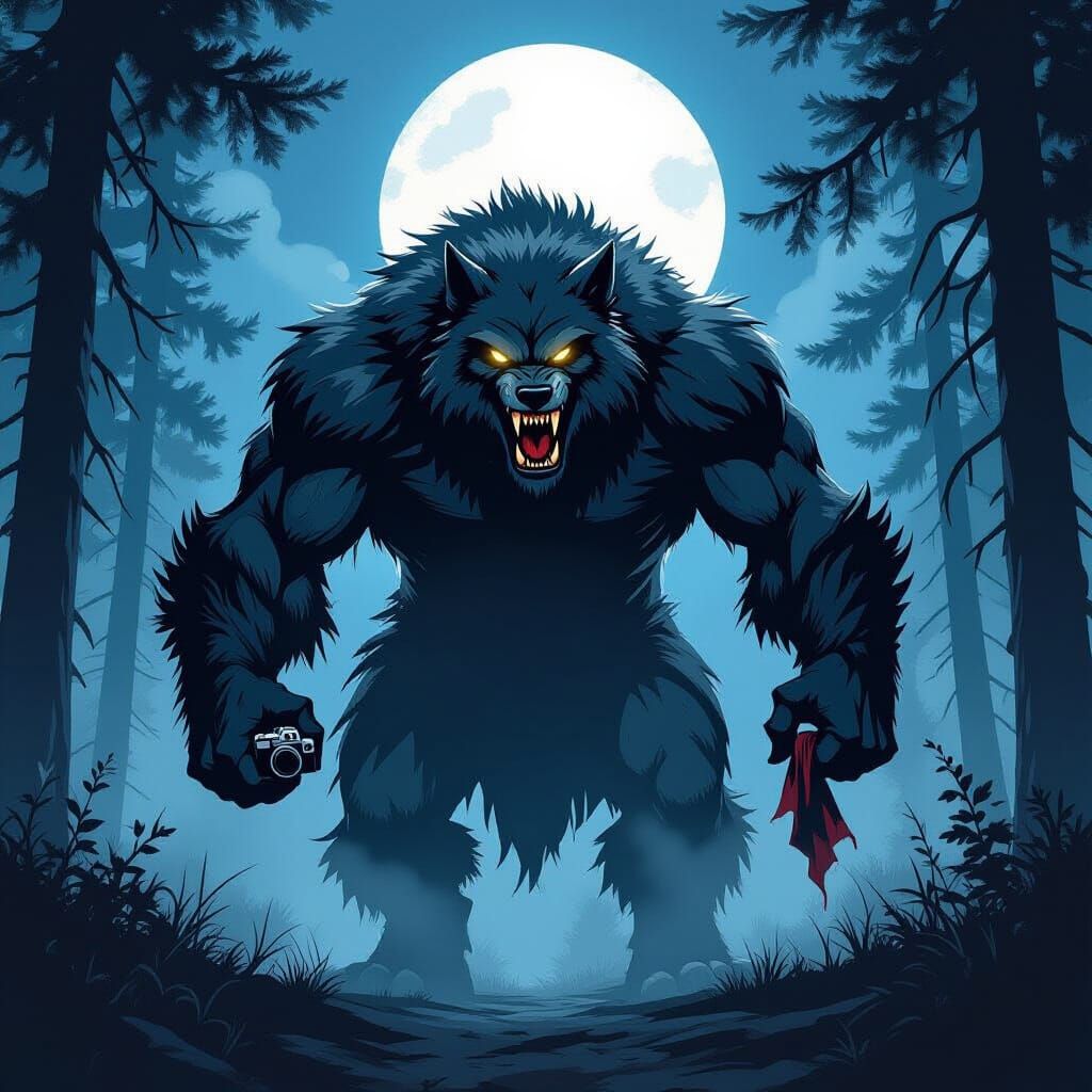 Werewolf in Moonlit Forest with Camera, Comic Style