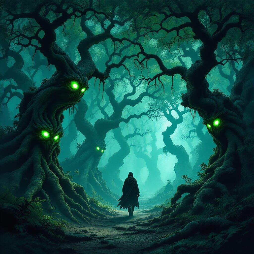 Mystical Forest Traveler in Dark Fantasy Style