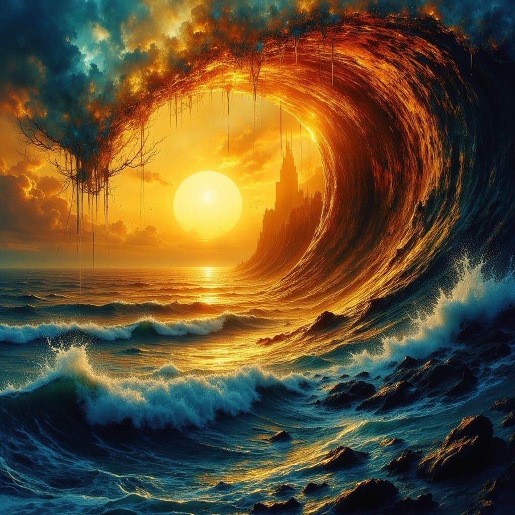 Fiery Sunset Over Golden Ocean Wave