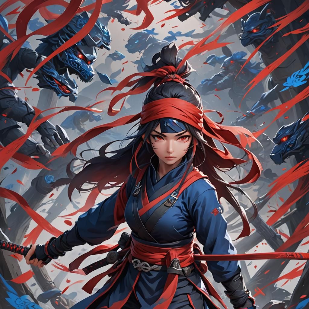 Anime Ninja Girl in Red and Blue