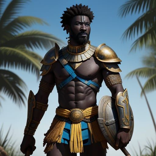 African Warrior in Battle Armor with War Club
