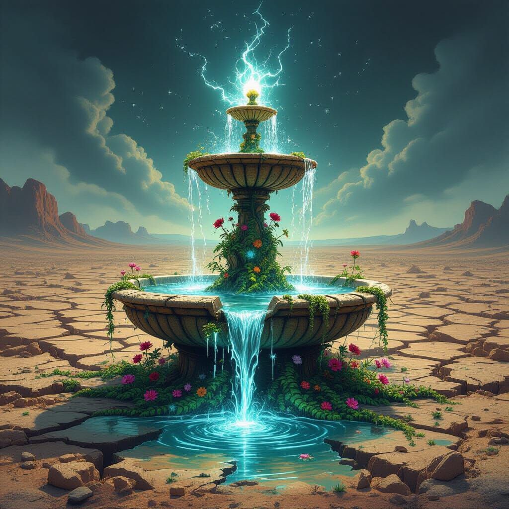 Luminescent Vines Erupt From Fountain in Desolate Landscape