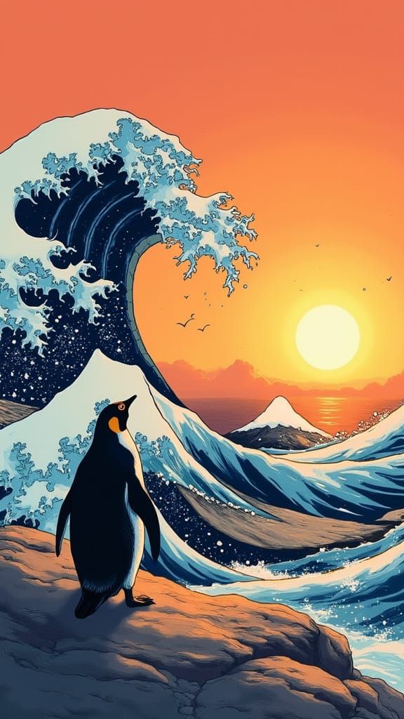 Surreal Japanese Woodblock-Inspired Penguin at Sunset