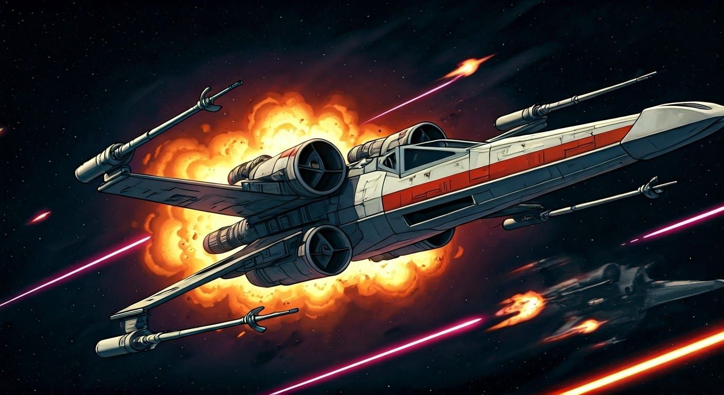 X-Wing in Explosive Star Wars Comic Scene