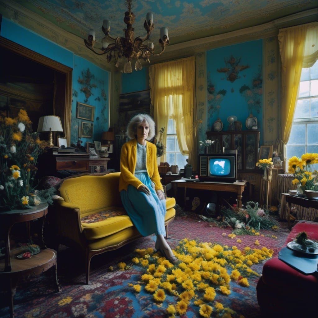 Hyperrealistic Polaroid of Woman in 80s Living Room