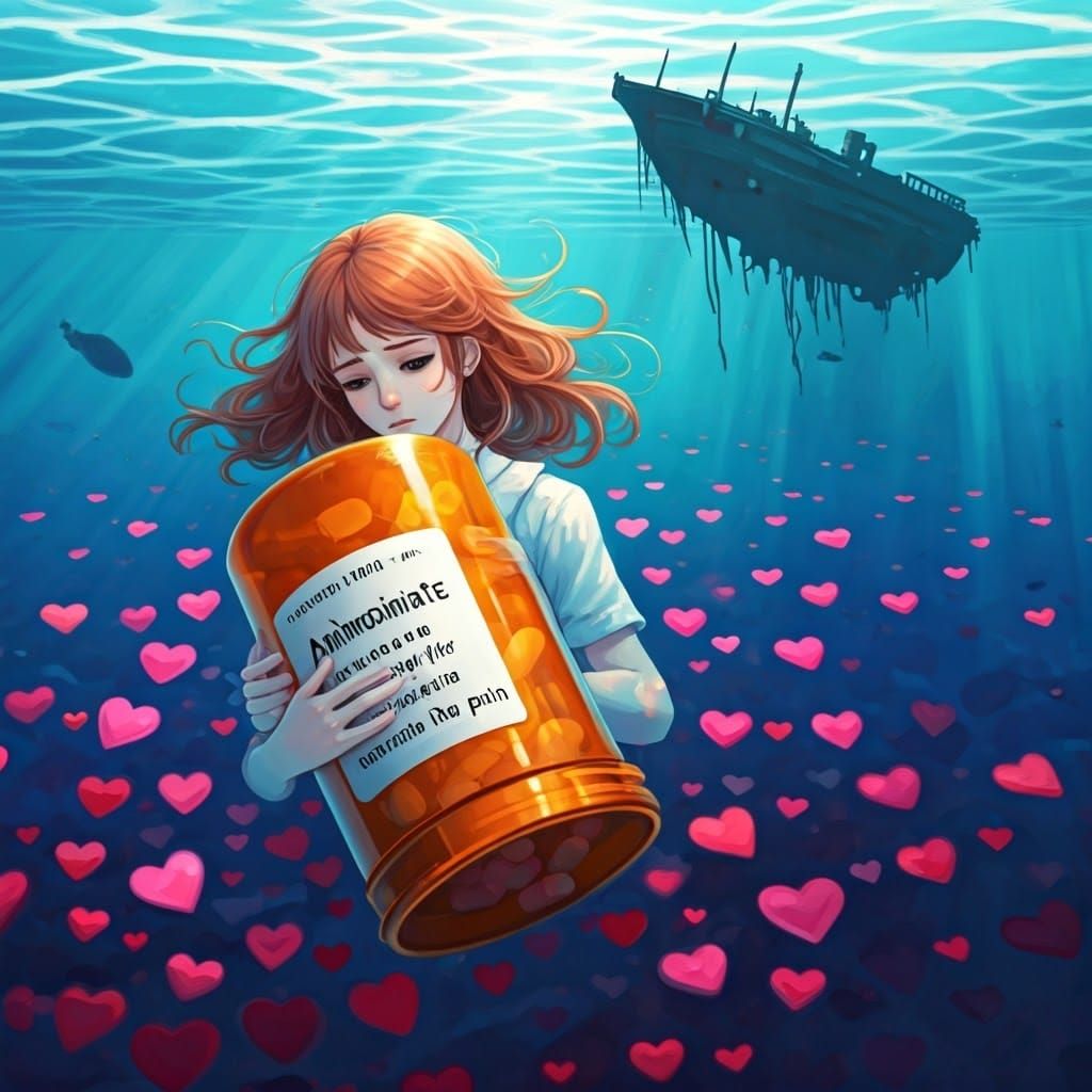 Surreal Young Woman Adrift in a Sea of Hearts, Numb to the W...