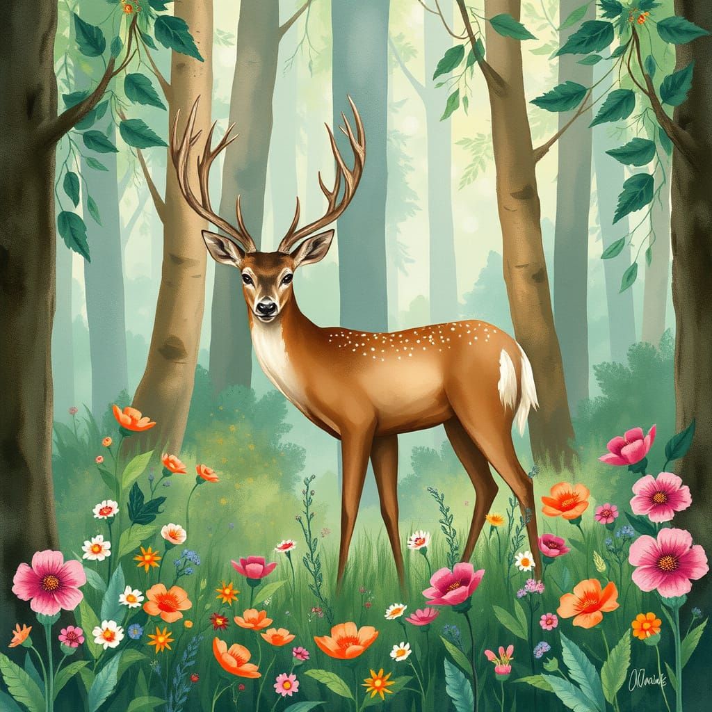 Mystical Deer in Watercolor Forest