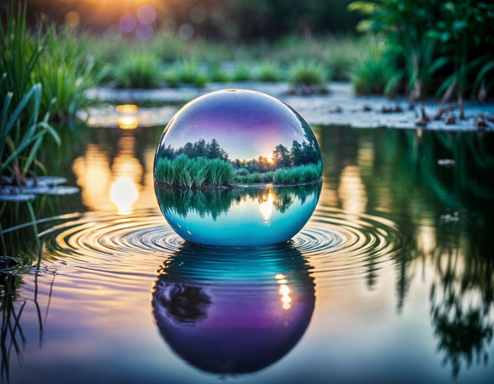 Glistening Orb Reflecting in Pond, Pre-Raphaelite Style