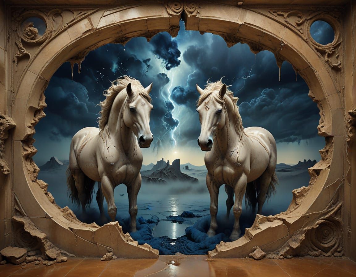 Surreal Horse in Dreamlike Landscape with Melting Forms