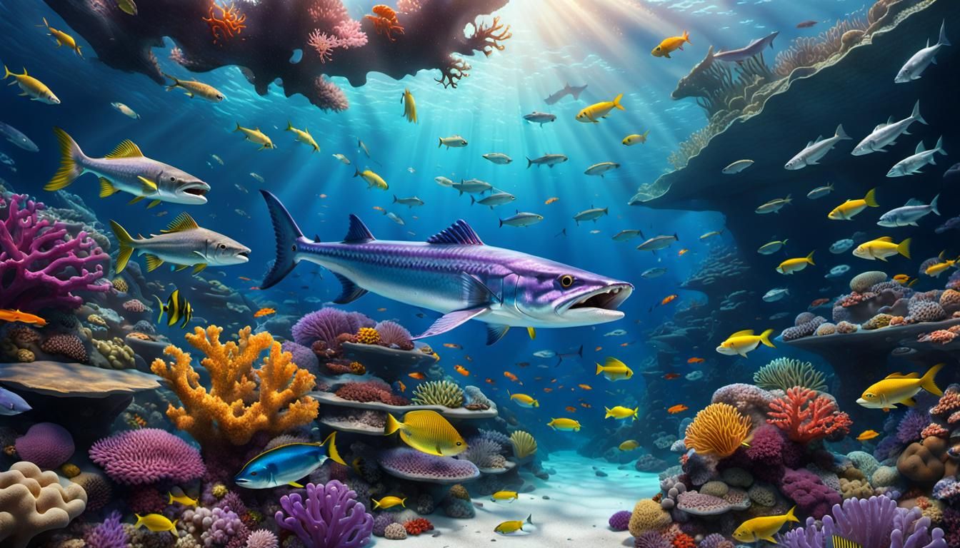 Vibrant Coral Reef Scene with Purple Barracuda