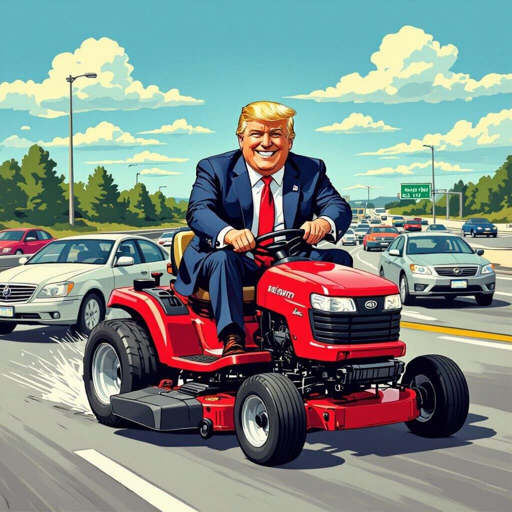 Joyful Trump Overtakes on a Lawn Mower Highway