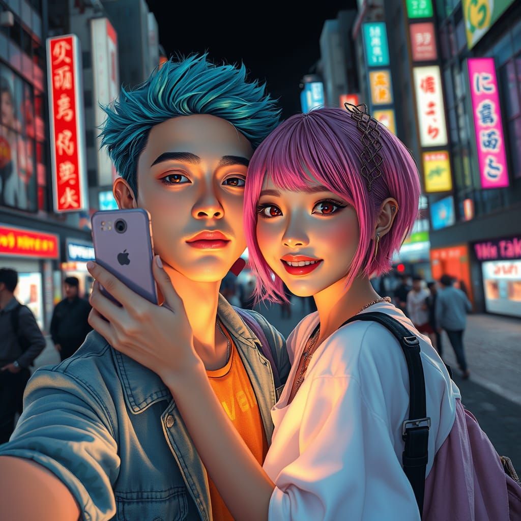 Kawaii Couple Selfie in Neon Tokyo