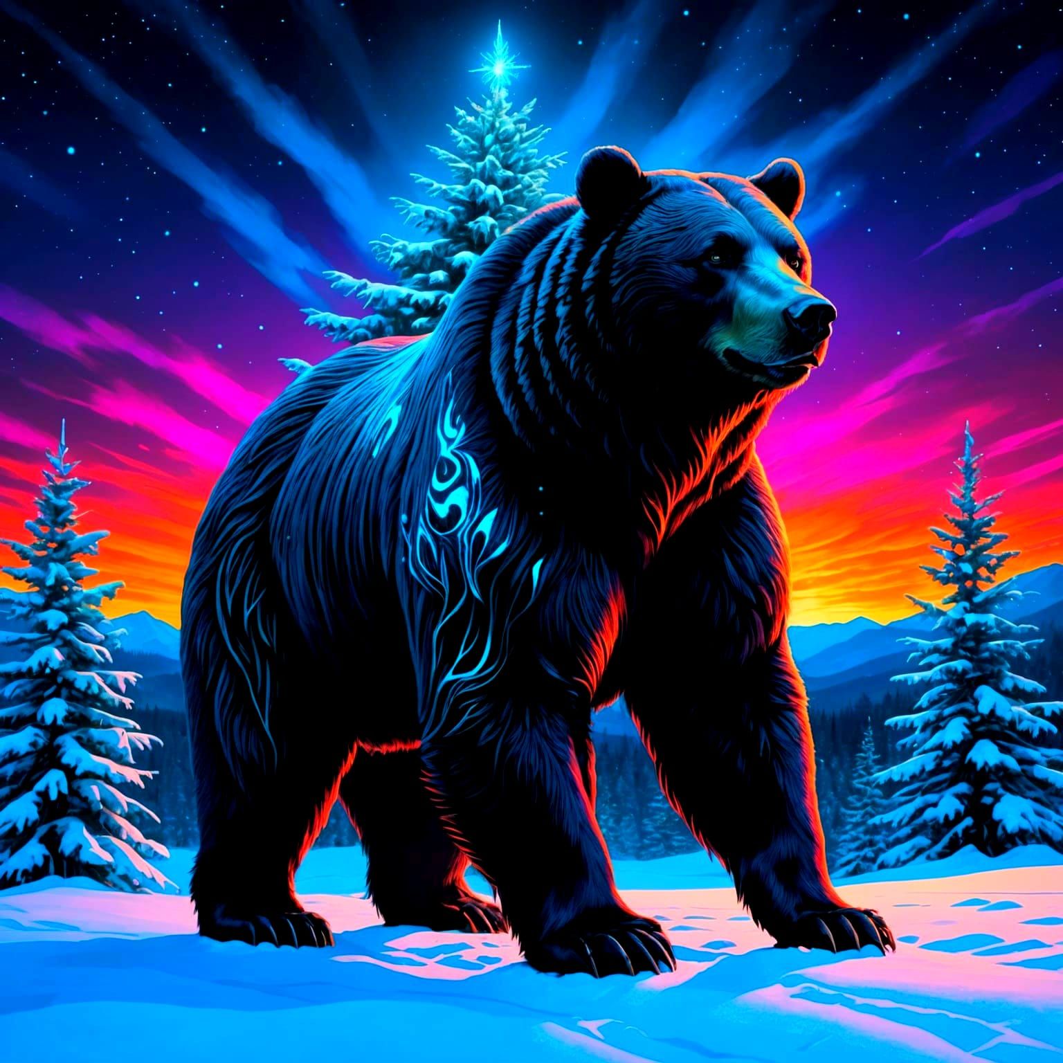 Mystical Black Bear with Flaming Eyes at Christmas