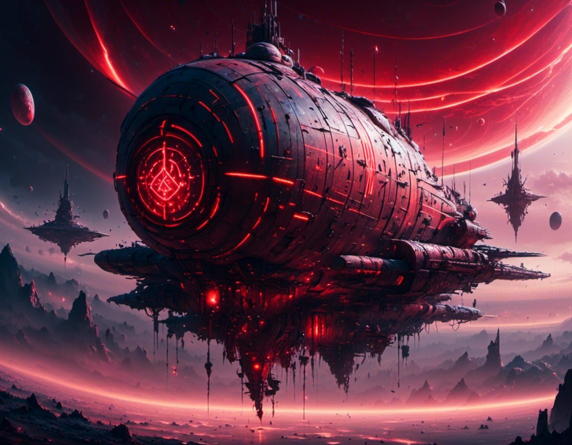 Sci-Fi Spacecraft with Glowing Runes Orbiting Earth