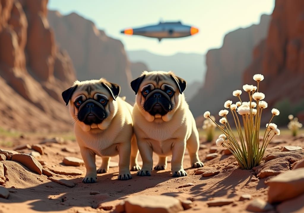 Pugs Explore Barren Alien World in Sci-Fi Landscape