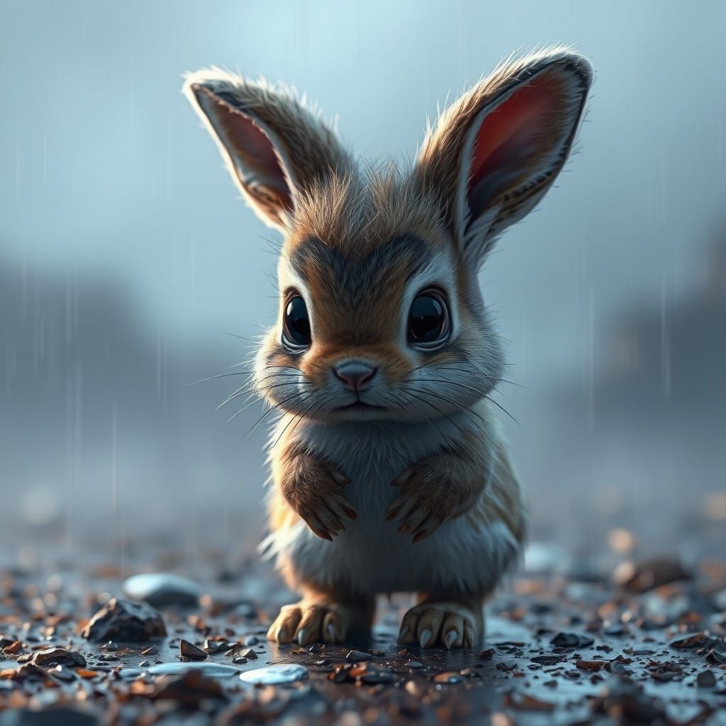 Surreal Fantasycore Bunny in the Rain, with Shimmering Eyes...