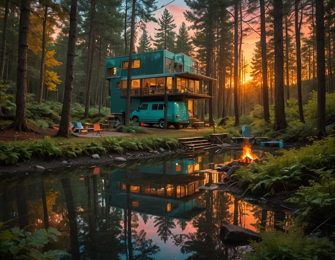 Ultramodern House and Van in Woods at Sunset