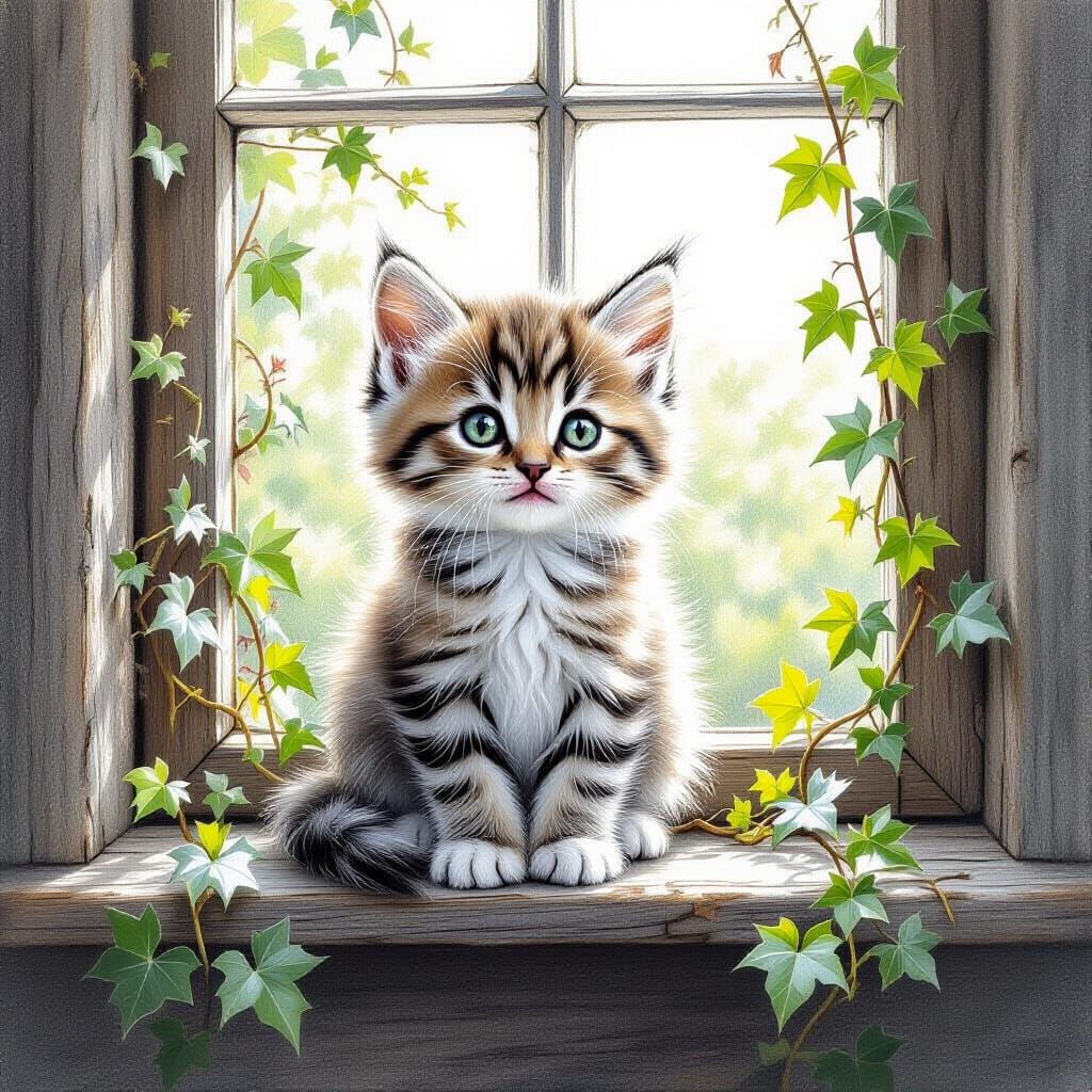 Kitten on Windowsill: Intricate Pencil Drawing in Grayscale