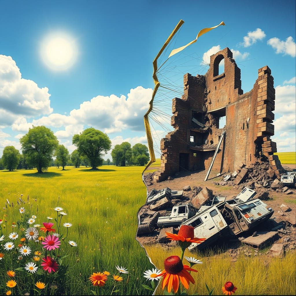 Surreal Contrast: Meadow Meets War Zone in Vivid Art